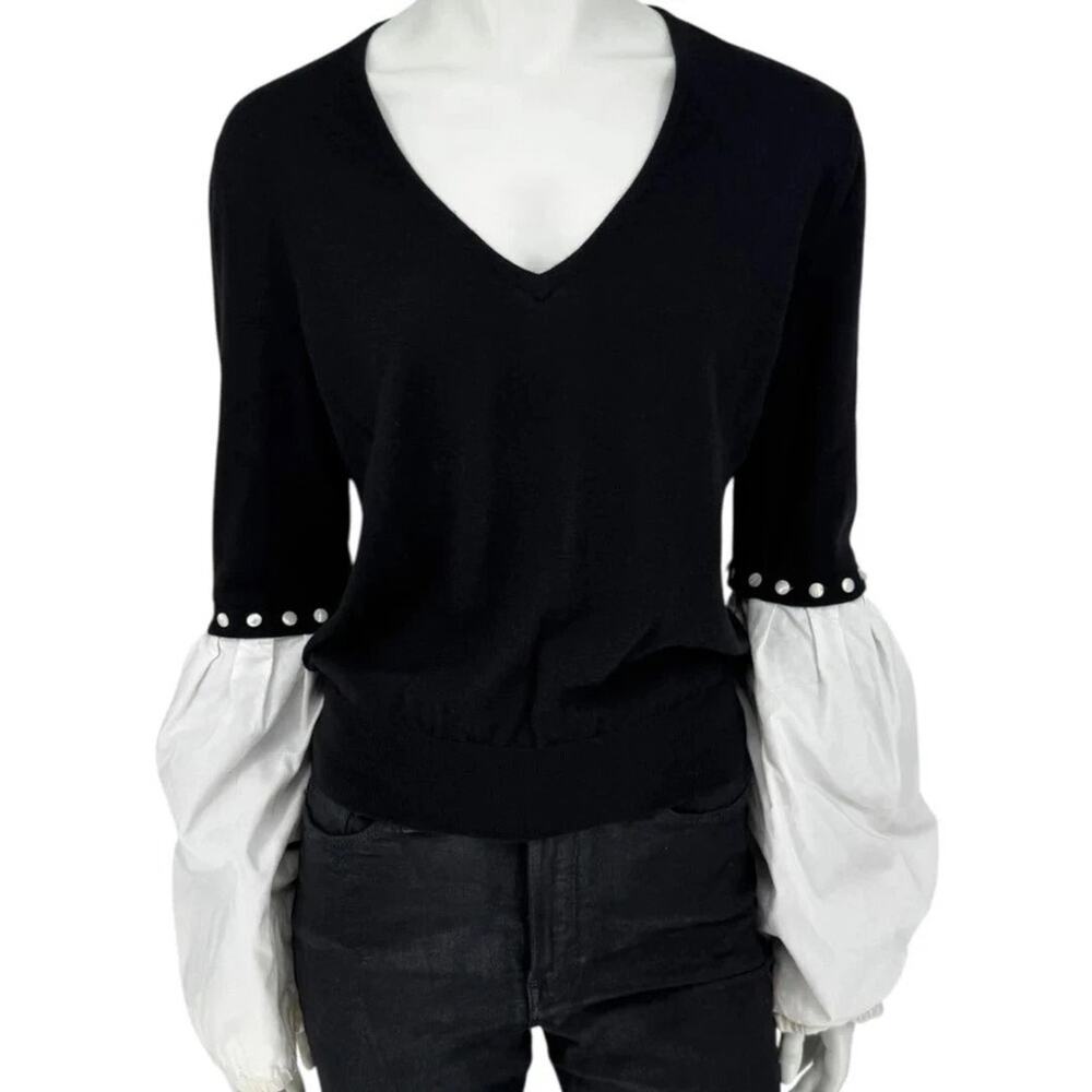 Yves Saint Laurent Rive Gauche Cashmere V-Neck Balloon Sleeve Sweater Black M